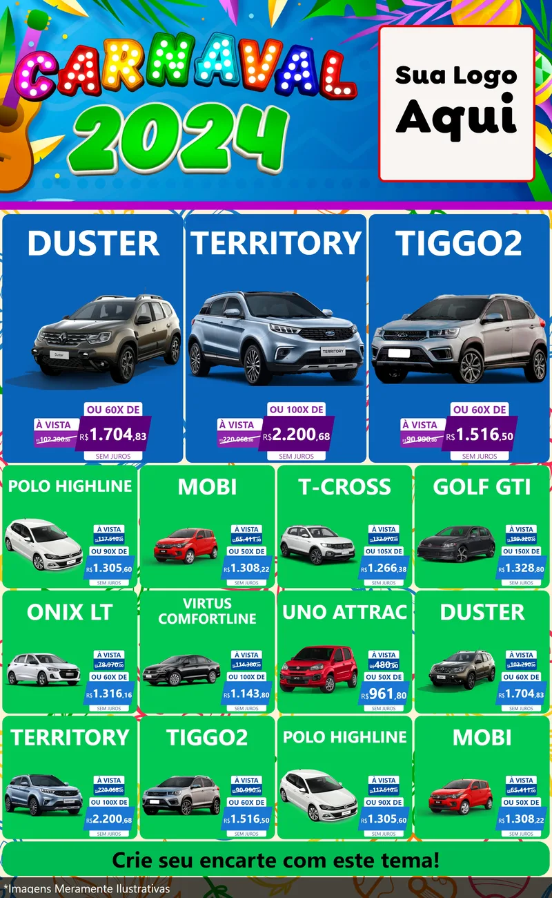 Modelo de Encarte para Encarte Grande com o tema Carnaval 2027 para Concessionaria de Carros