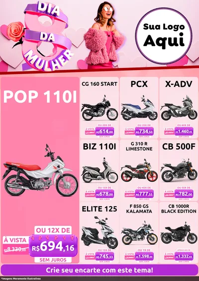 Modelo de Encarte para Encarte A4 Vertical com o tema Dia da Mulher para Concessionaria de Motos