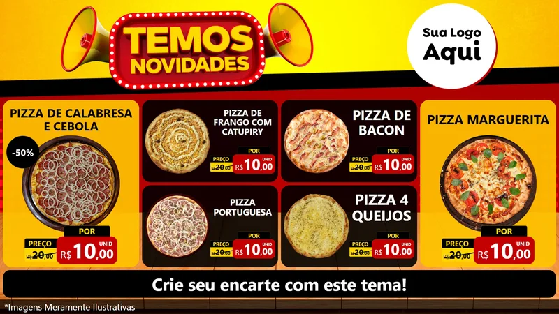 Modelo de TV para TV Horizontal com o tema Temos Novidades para Pizzaria