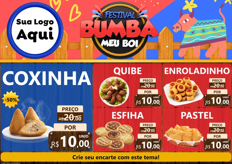 Modelo de Encarte para Encarte A4 Horizontal com o tema Festival Bumba Meu Boi para Salgadaria