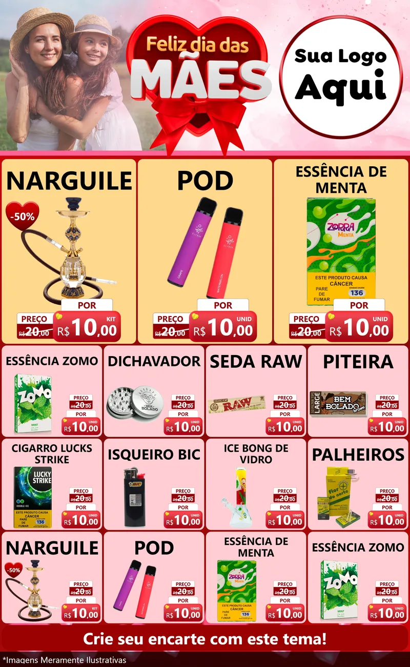 Modelo de Encarte para Encarte Grande com o tema Feliz Dia Das Mães para Tabacaria