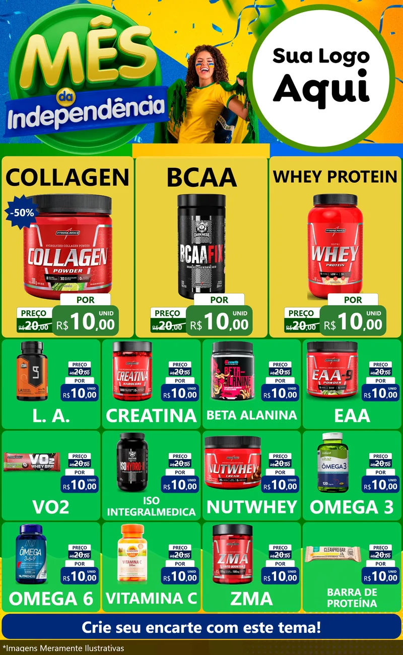 Modelo de Encarte para Encarte Grande com o tema Mês da Independência para Suplementos alimentares
