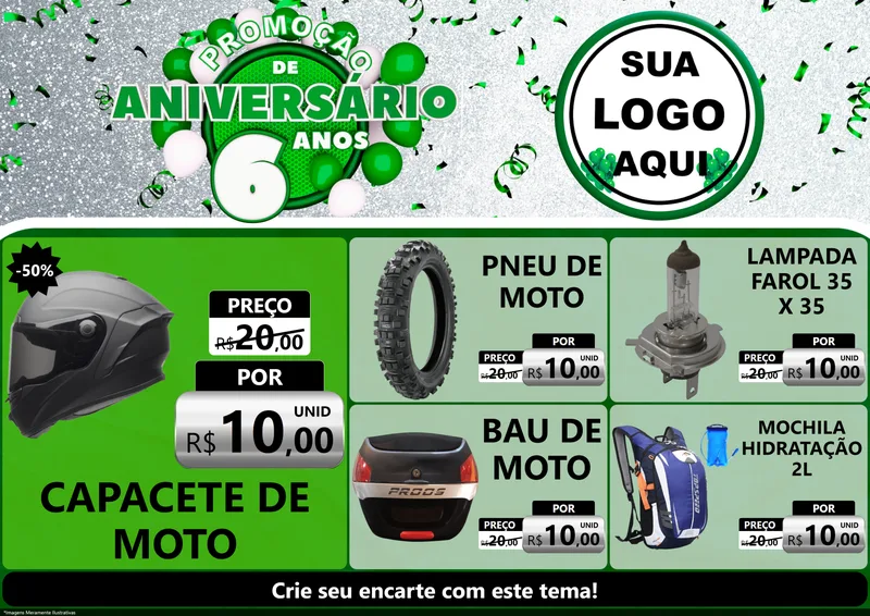Modelo de Encarte para Encarte A4 Horizontal com o tema Promoção de Aniversário - 6 Anos para Moto peças