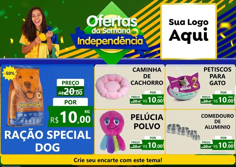Modelo de Encarte para Encarte A4 Horizontal com o tema Ofertas da Semana da Independência para Pet Shop