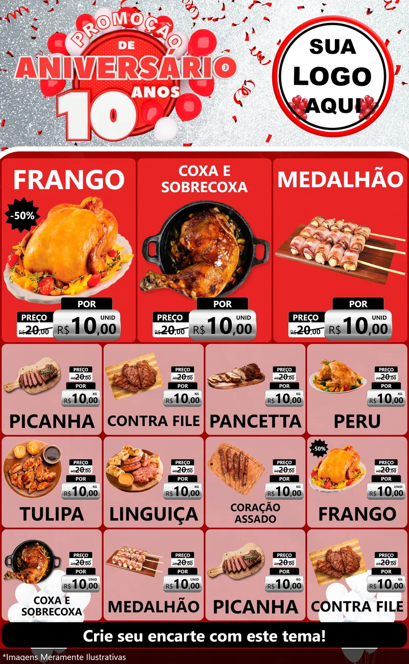 Modelo de Encarte para Encarte Grande com o tema Promoção de Aniversário - 10 Anos para Assados
