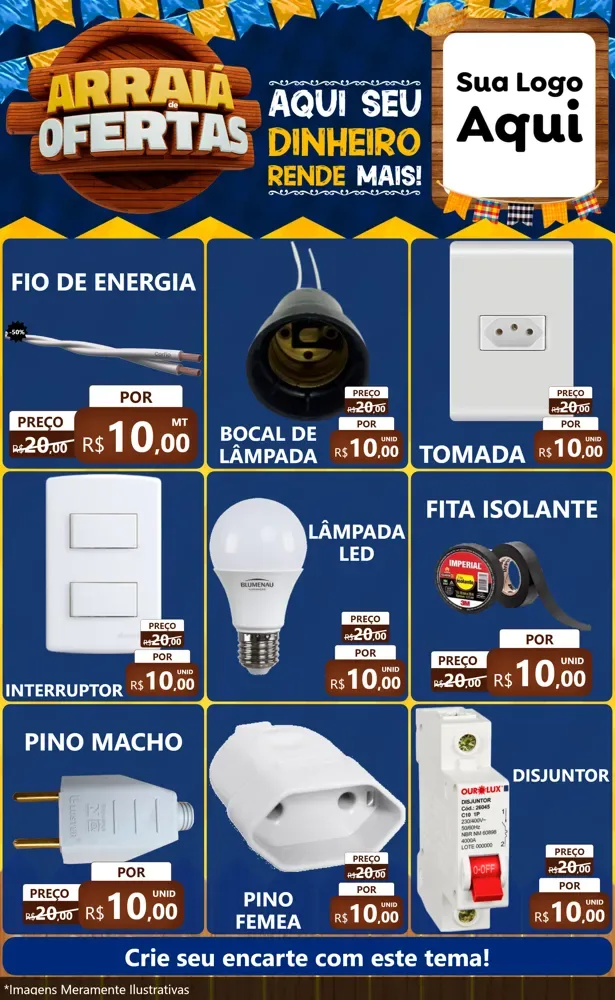 Modelo de Encarte para Encarte Grande com o tema Arraiá de Ofertas - Junina para Materiais Elétricos