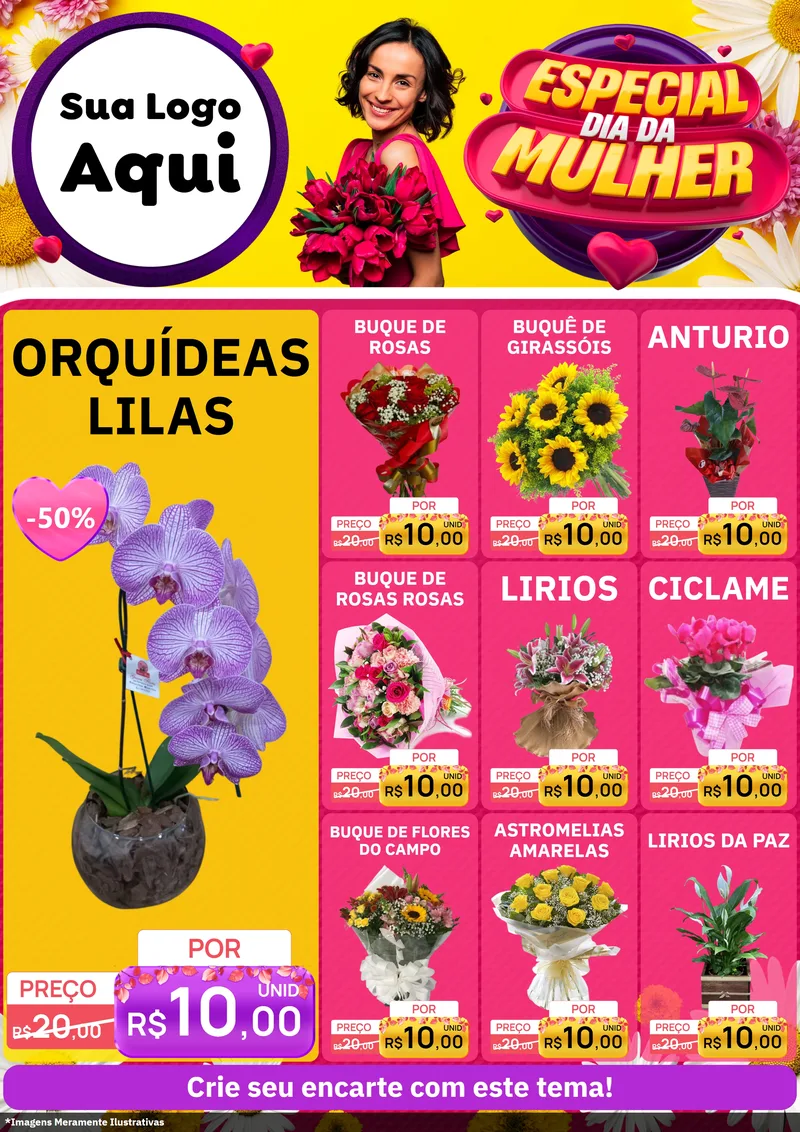 Modelo de Encarte para Encarte A4 Vertical com o tema Especial Dia da Mulher para Floricultura e jardim