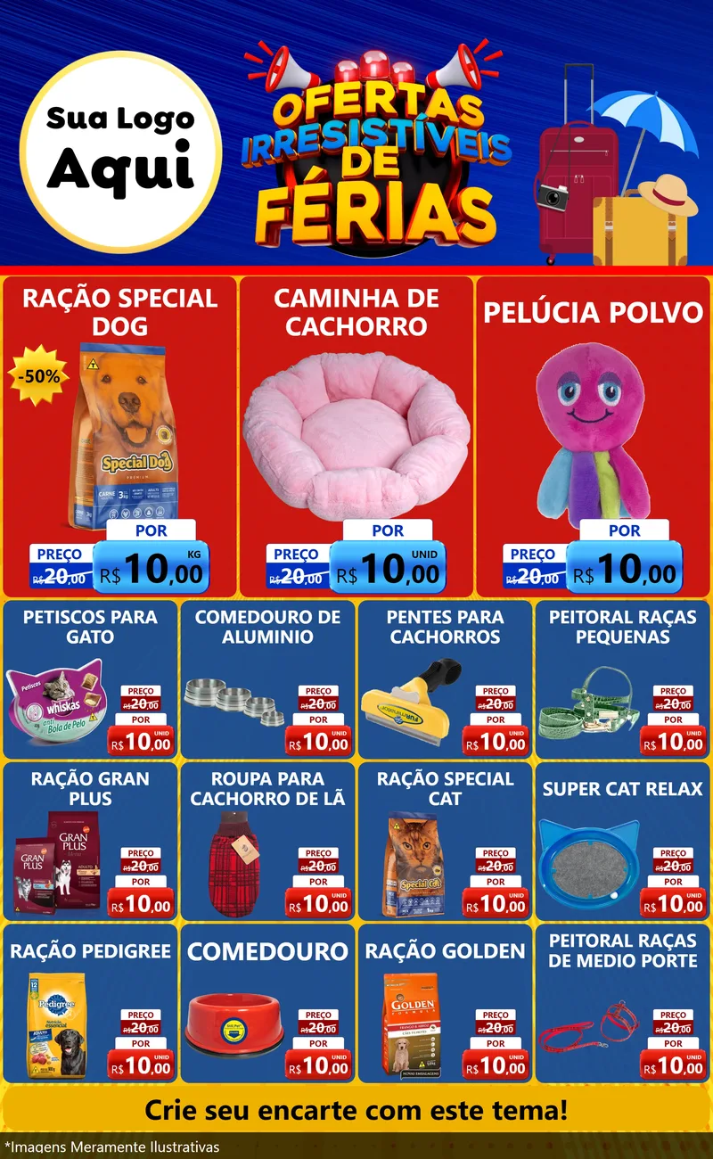 Modelo de Encarte para Encarte Grande com o tema Ofertas Irresistíveis de Férias para Pet Shop