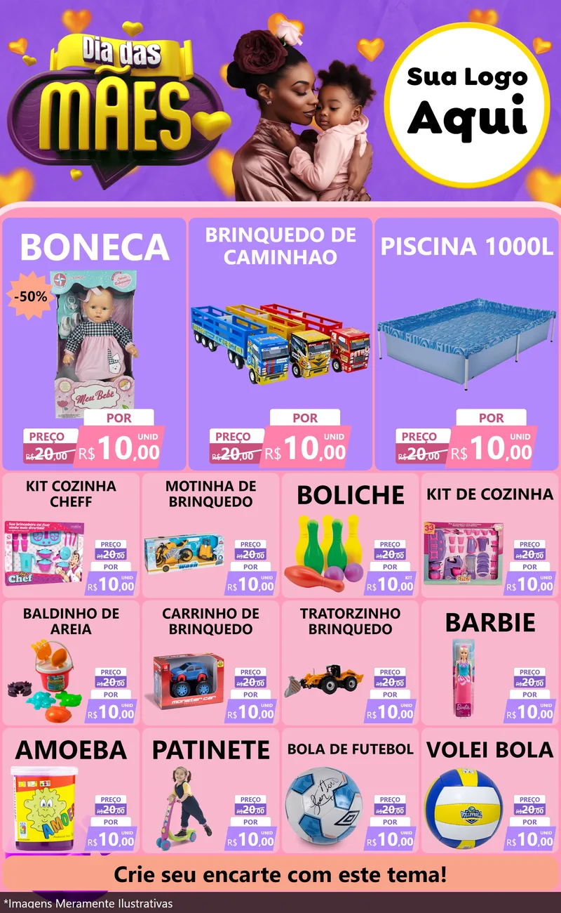 Modelo de Encarte para Encarte Grande com o tema Dia das Mães para Brinquedos