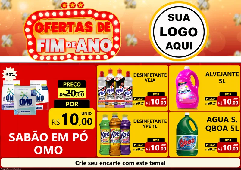 Modelo de Encarte para Encarte A4 Horizontal com o tema Ofertas de Fim de Ano para Produtos de Limpeza