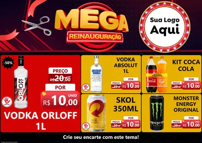 Modelo de Encarte para Encarte A4 Horizontal com o tema Mega Reinauguração para Distribuidora de bebidas