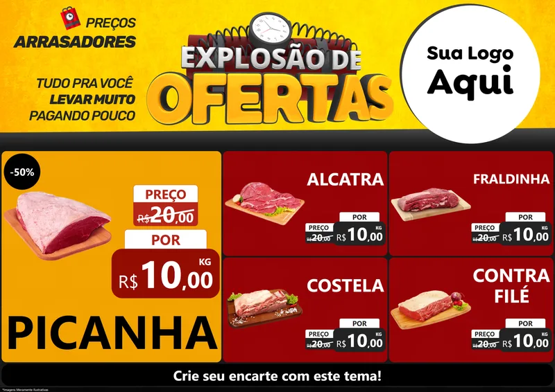 Modelo de Encarte para Encarte A4 Horizontal com o tema Explosão de Ofertas para Açougue