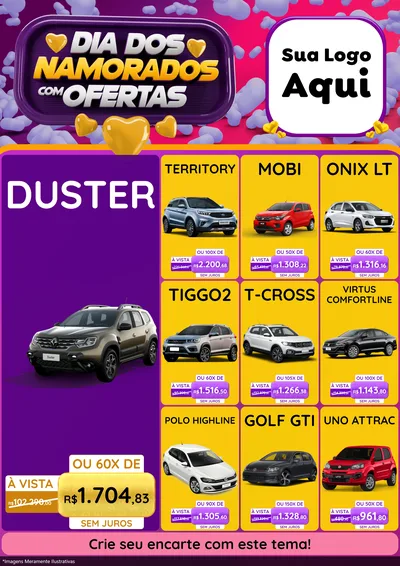 Modelo de Encarte para Encarte A4 Vertical com o tema Dia Dos Namorados Com Ofertas para Concessionaria de Carros