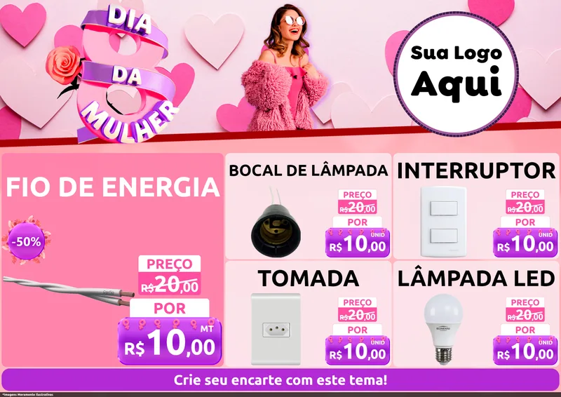 Modelo de Encarte para Encarte A4 Horizontal com o tema Dia da Mulher para Materiais Elétricos