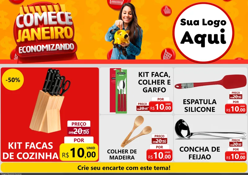 Modelo de Encarte para Encarte A4 Horizontal com o tema Comece Janeiro Economizando para Utilidades Domésticas