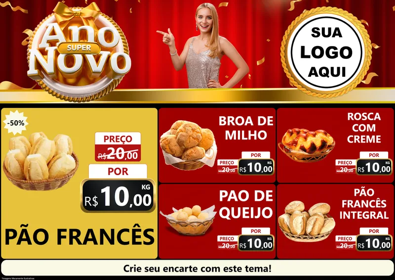 Modelo de Encarte para Encarte A4 Horizontal com o tema Super Ano Novo para Padaria