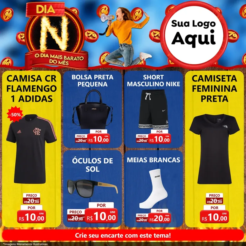 Modelo de Rede Social para Feed Facebook com o tema Dia N - O Dia Mais Barato Do Mês para Roupas e acessórios