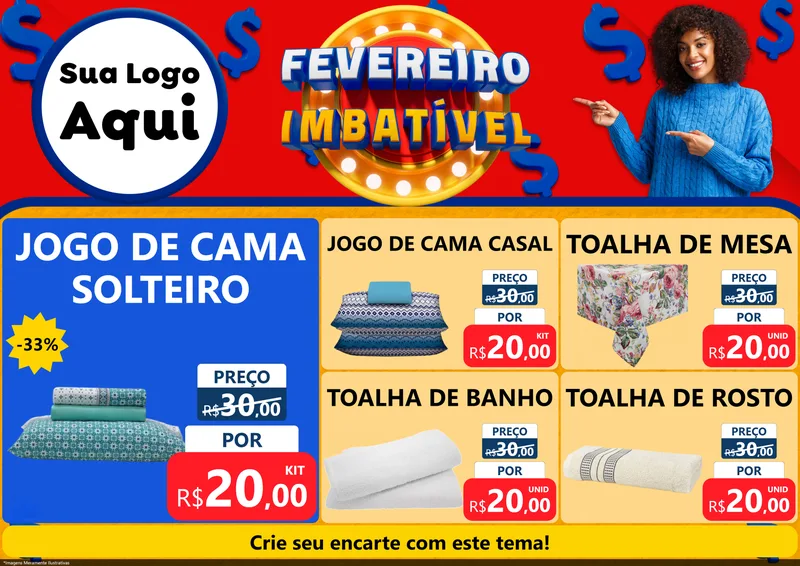 Modelo de Encarte para Encarte A4 Horizontal com o tema Fevereiro Imbatível para Cama, Mesa e Banho