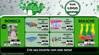 Modelo de TV para TV Horizontal com o tema Promoção de Aniversário - 8 Anos para Brinquedos