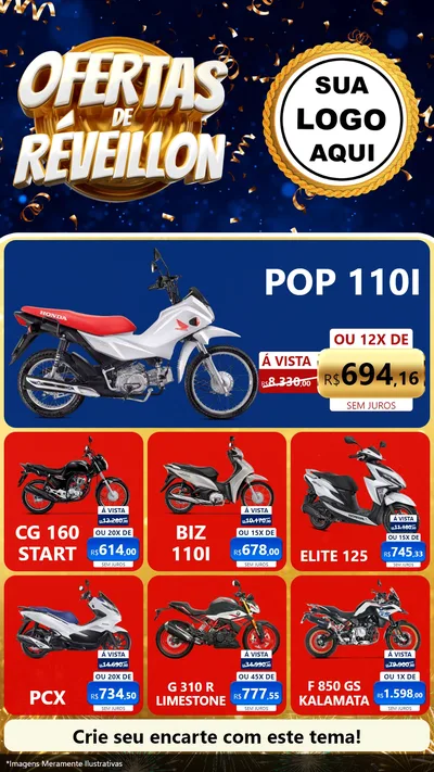 Modelo de Rede Social para Stories com o tema Ofertas de Réveillon para Concessionaria de Motos