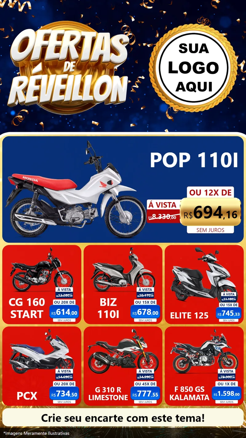 Modelo de Rede Social para Stories com o tema Ofertas de Réveillon para Concessionaria de Motos