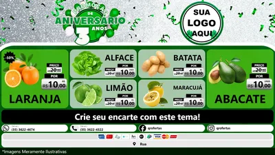 Modelo de TV para TV Horizontal com o tema Promoção de Aniversário - 3 Anos para Hortifrúti