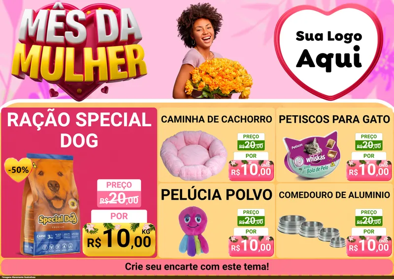 Modelo de Encarte para Encarte A4 Horizontal com o tema Mês da Mulher para Pet Shop