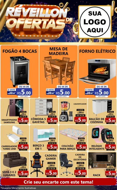 Modelo de Encarte para Encarte Grande com o tema Réveillon de Ofertas para Móveis e Eletro
