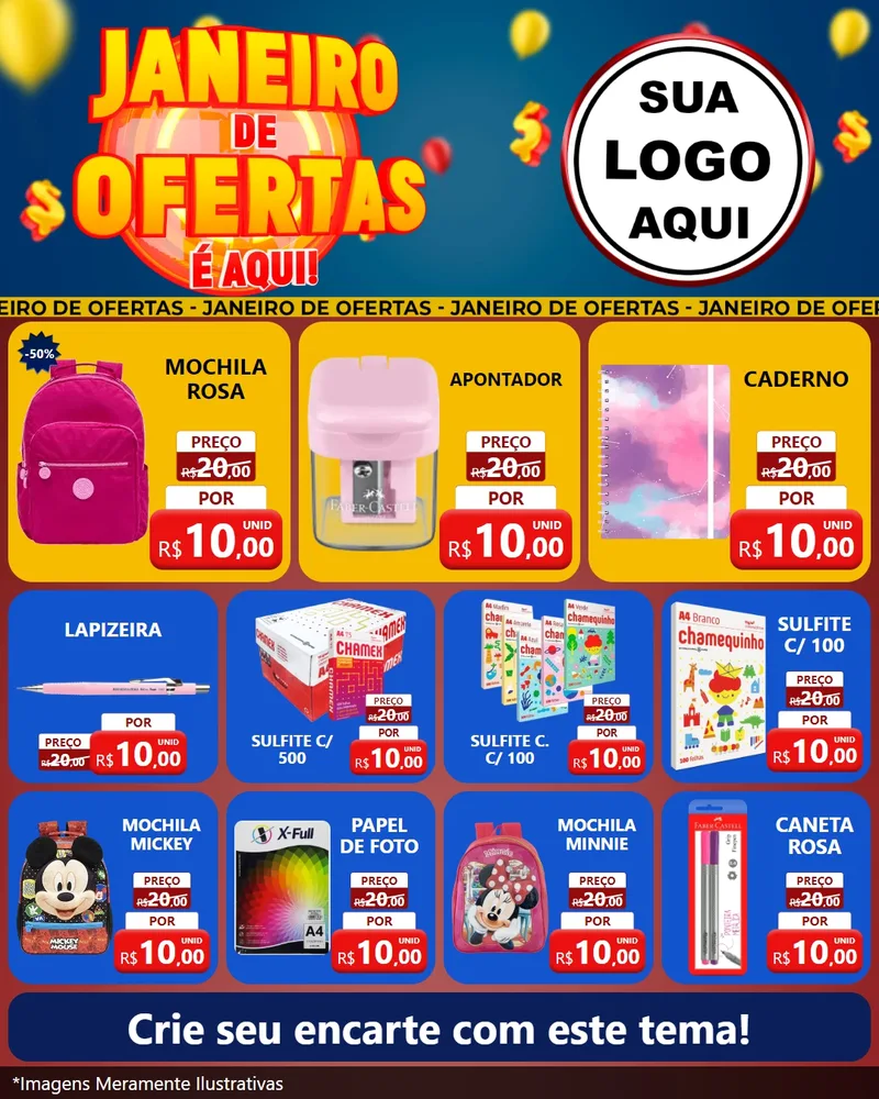Modelo de Rede Social para Feed Instagram com o tema Janeiro de Ofertas É Aqui! para Papelaria