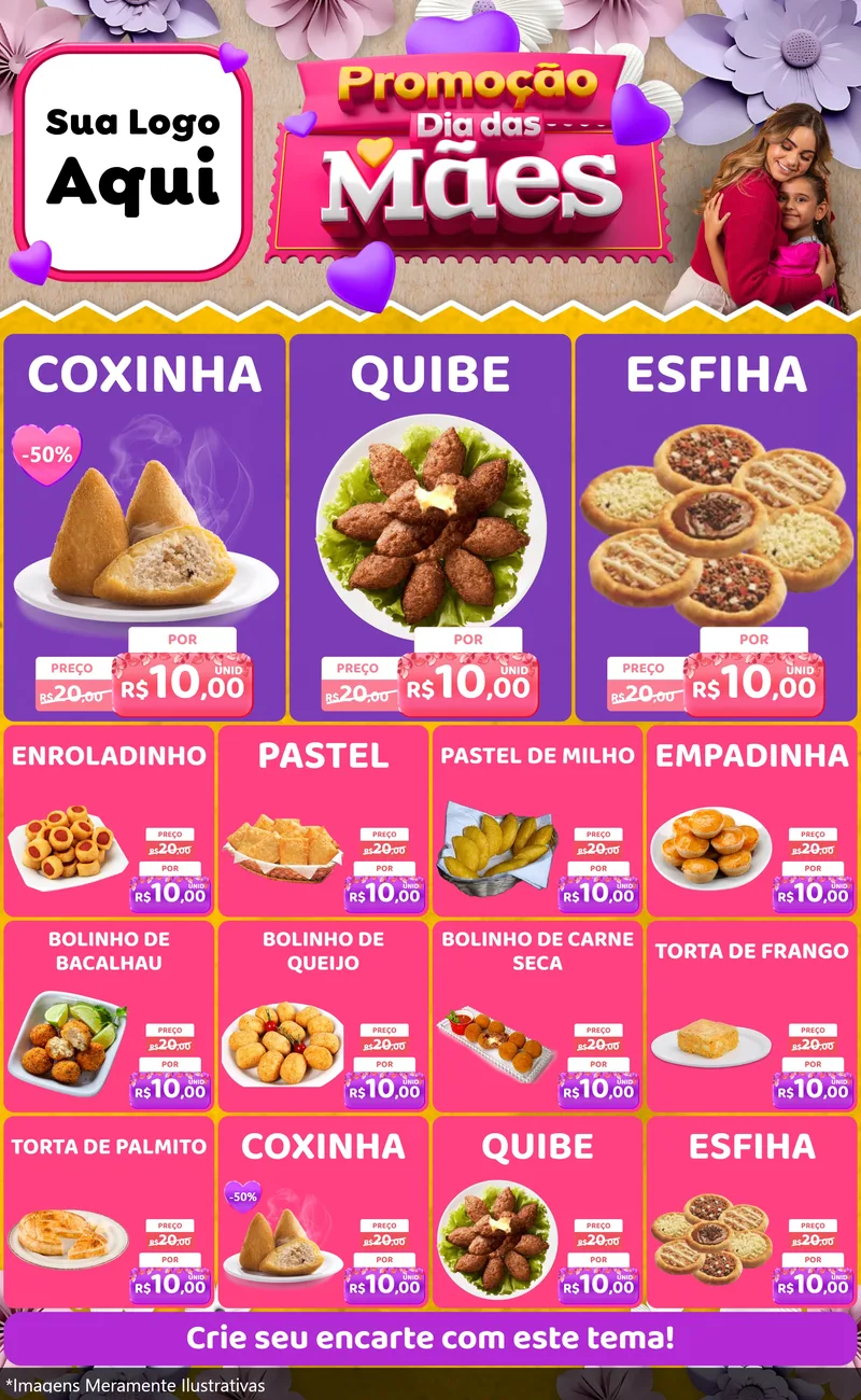Modelo de Encarte para Encarte Grande com o tema Promoção Dia das Mães para Salgadaria