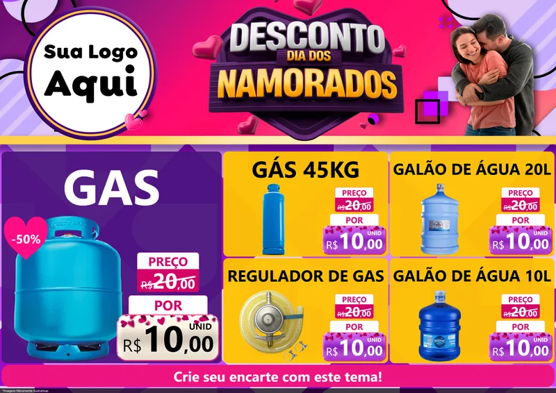 Modelo de Encarte para Encarte A4 Horizontal com o tema Desconto Dia dos Namorados para Água e gás