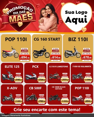 Modelo de Rede Social para Feed Instagram com o tema Promoção Dia das Mães para Concessionaria de Motos