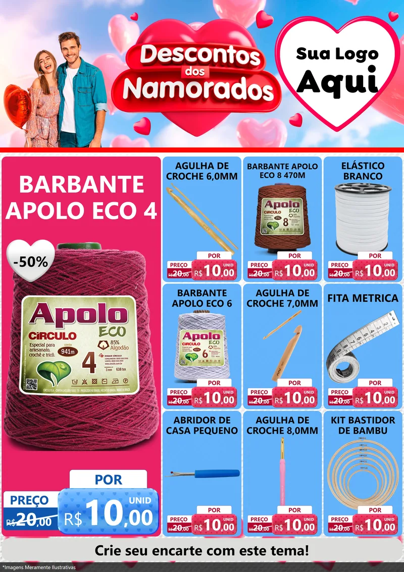 Modelo de Encarte para Encarte A4 Vertical com o tema Descontos dos Namorados para Armarinho e Aviamentos