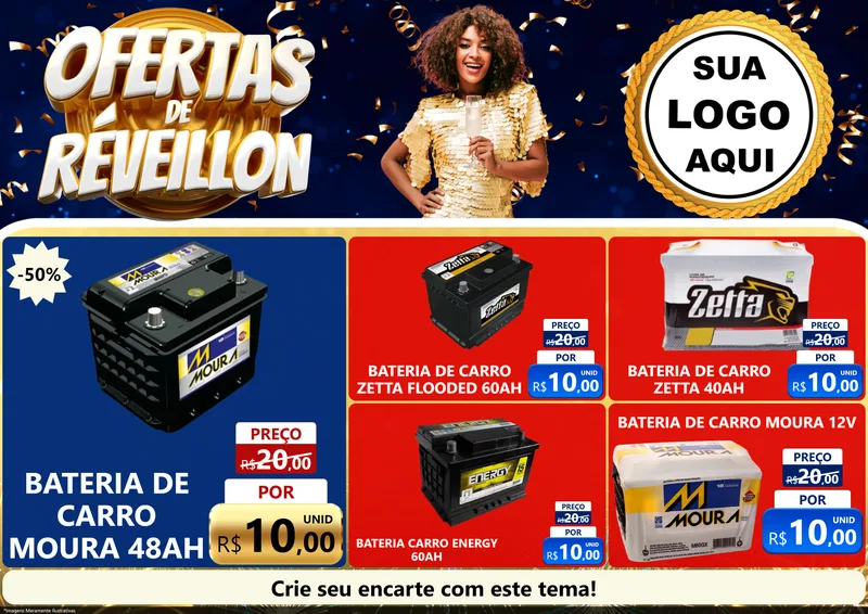 Modelo de Encarte para Encarte A4 Horizontal com o tema Ofertas de Réveillon para Baterias Elétricas