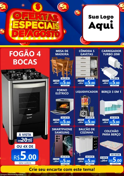 Modelo de Encarte para Encarte A4 Vertical com o tema Ofertas Especiais de Agosto para Móveis e Eletro