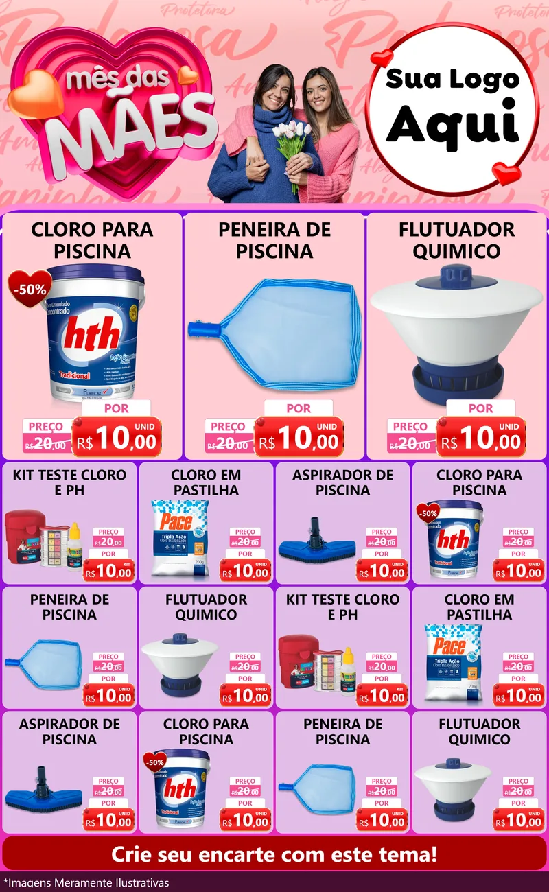 Modelo de Encarte para Encarte Grande com o tema Mês Das Mães para Produtos para Piscina