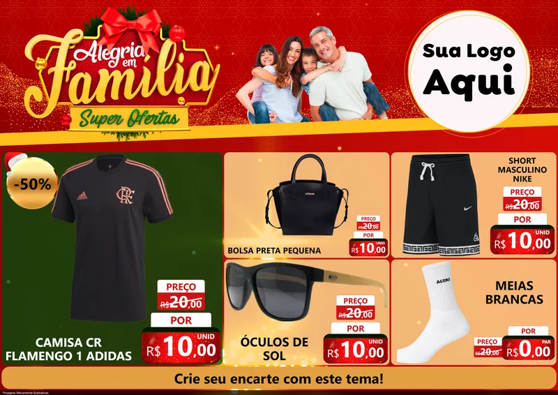 Modelo de Encarte para Encarte A4 Horizontal com o tema Alegria em Família Super Ofertas - Natal para Roupas e acessórios
