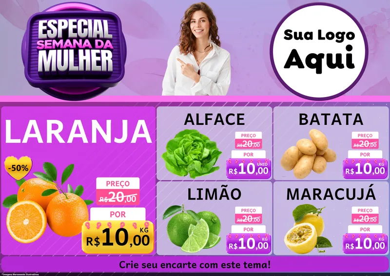 Modelo de Encarte para Encarte A4 Horizontal com o tema Especial Semana da Mulher para Hortifrúti