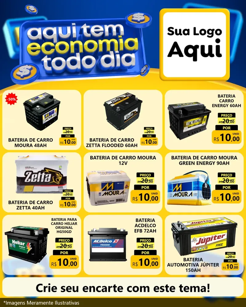 Modelo de Rede Social para Feed Instagram com o tema Aqui Tem Economia Todo Dia para Baterias Elétricas