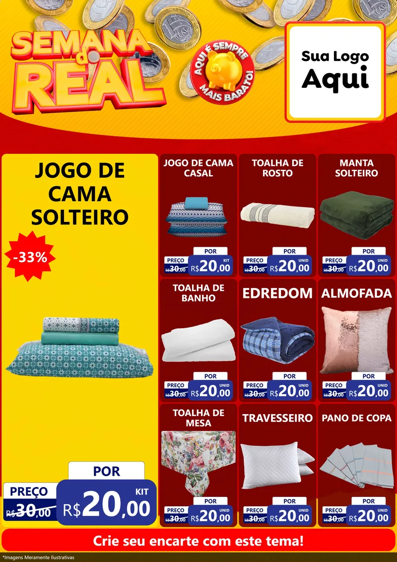 Modelo de Encarte para Encarte A4 Vertical com o tema Semana do Real para Cama, Mesa e Banho