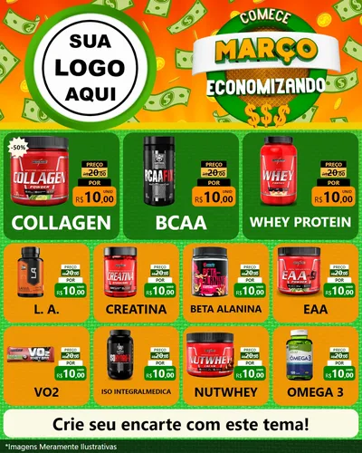 Modelo de Rede Social para Feed Instagram com o tema Comece Março Economizando para Suplementos alimentares