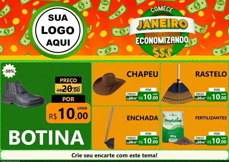 Modelo de Encarte para Encarte A4 Horizontal com o tema Comece Janeiro Economizando para Agropecuária