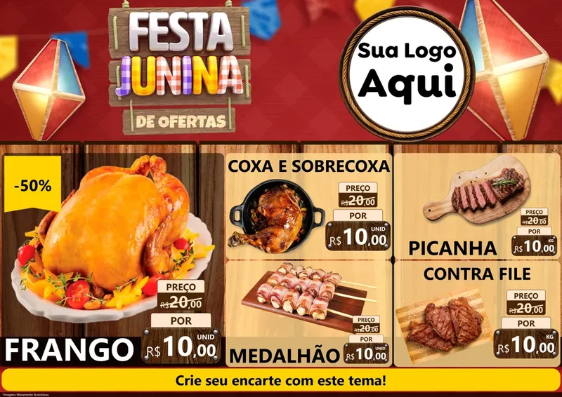 Modelo de Encarte para Encarte A4 Horizontal com o tema Festa Junina de Ofertas para Assados
