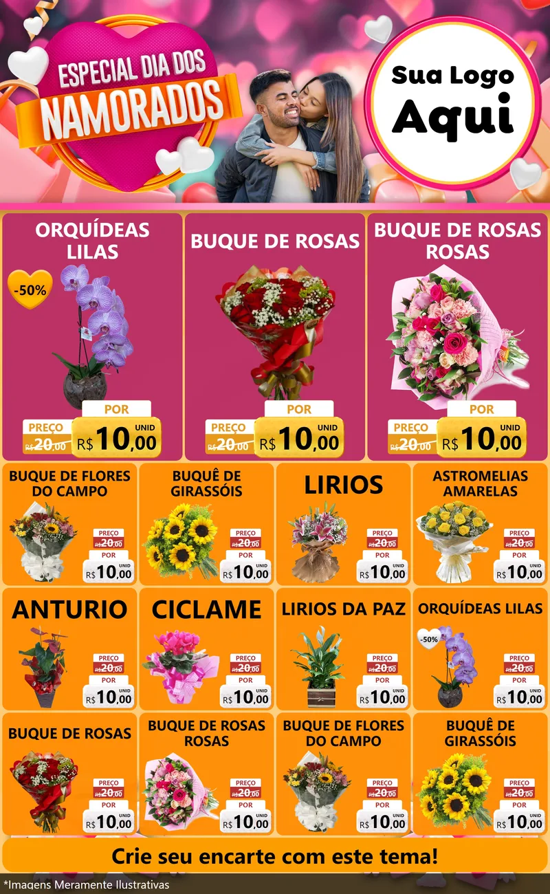 Modelo de Encarte para Encarte Grande com o tema Especial Dia dos Namorados para Floricultura e jardim