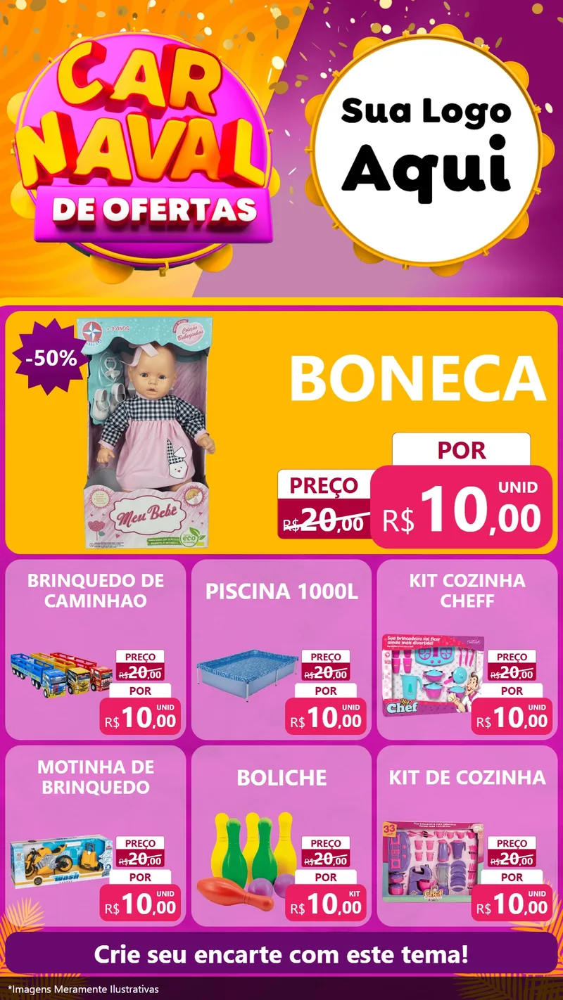 Modelo de Rede Social para Stories com o tema Carnaval de Ofertas para Brinquedos