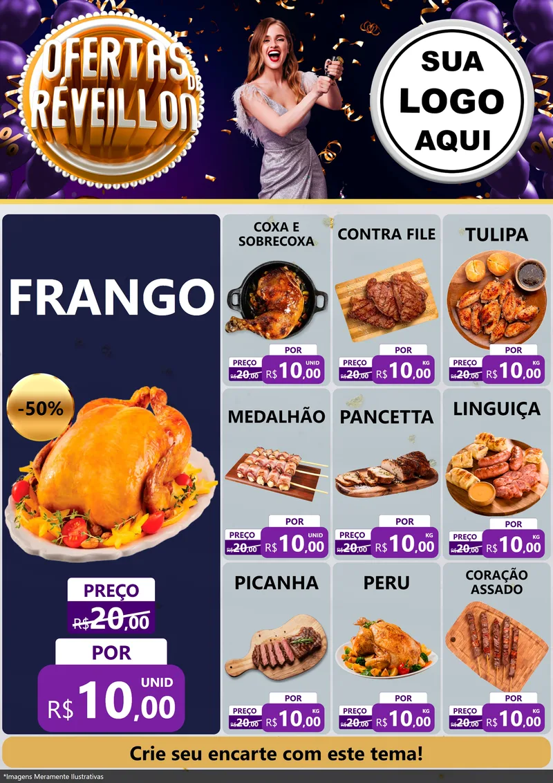 Modelo de Encarte para Encarte A4 Vertical com o tema Ofertas de Réveillon para Assados