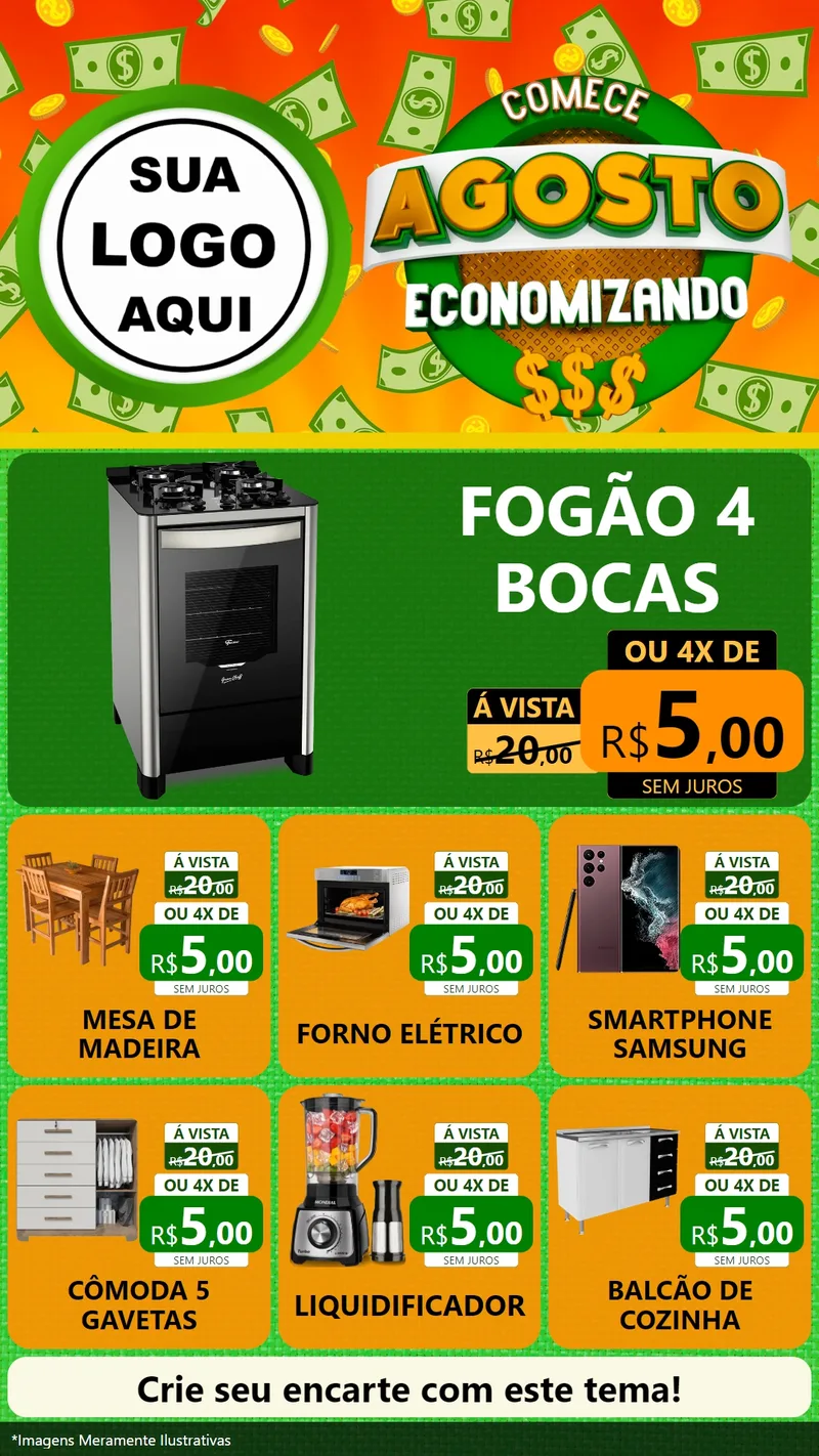 Modelo de Rede Social para Stories com o tema Comece Agosto Economizando para Móveis e Eletro