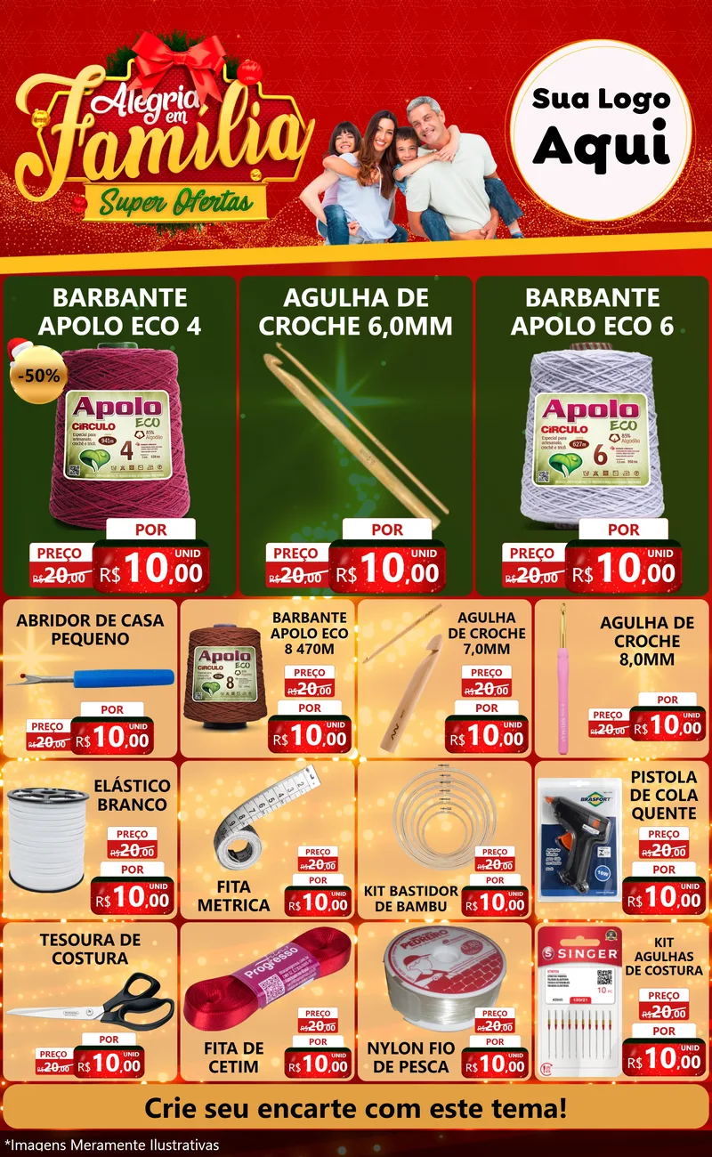 Modelo de Encarte para Encarte Grande com o tema Alegria em Família Super Ofertas - Natal para Armarinho e Aviamentos