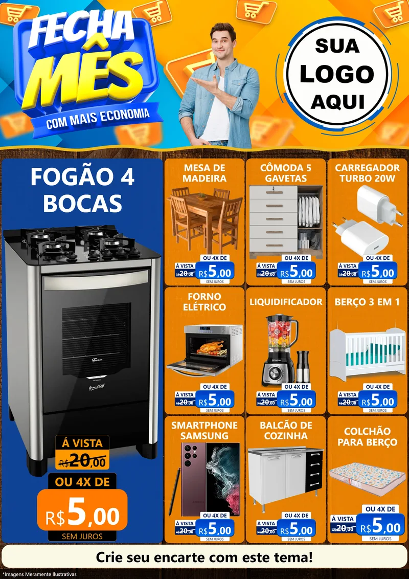 Modelo de Encarte para Encarte A4 Vertical com o tema Fecha Mês Com Mais Economia para Móveis e Eletro