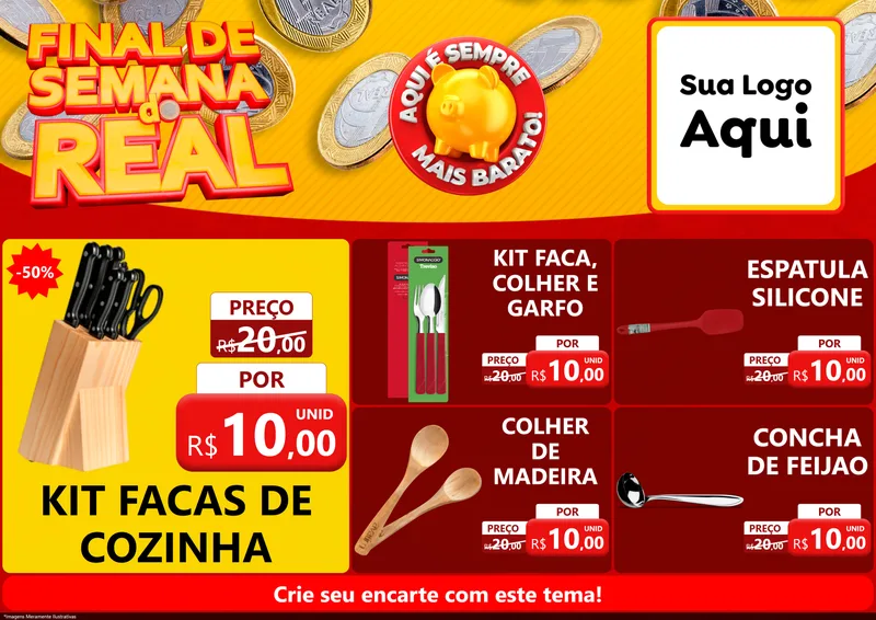 Modelo de Encarte para Encarte A4 Horizontal com o tema Final de Semana do Real para Utilidades Domésticas
